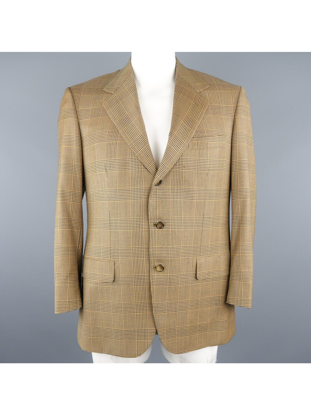 BRIONI 40 Regular Gold & Navy Plaid Wool Sport Coat